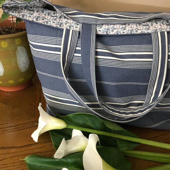 Handmade Women's Denim Striped Tote Bag, Market Tote Bag, Beach Bag with pocket - Picture 2 of 9